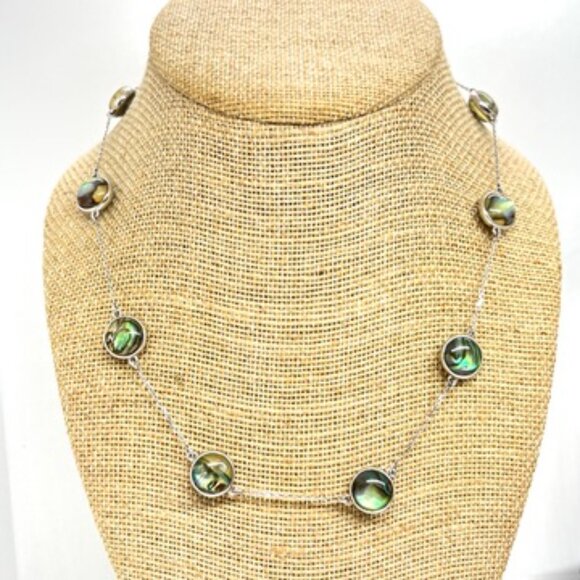 ABALONE SHELL MOTHER OF PEARL 925 STERLING SILVER STATION LINK NECKLACE 18" - Picture 3 of 16